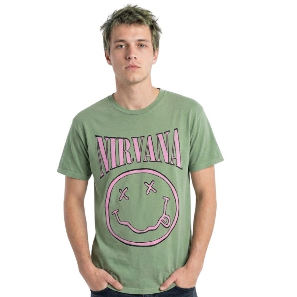 Nirvana Smiley Face T Shirt Green Pink Grunge Rock Band Merch Size M‎ Casual Y2K